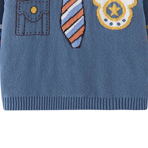 Teal Blue, Little Man Tie Print Kids Cardigan Sweater, Round Neck - Little Surprise BoxTeal Blue, Little Man Tie Print Kids Cardigan Sweater, Round Neck