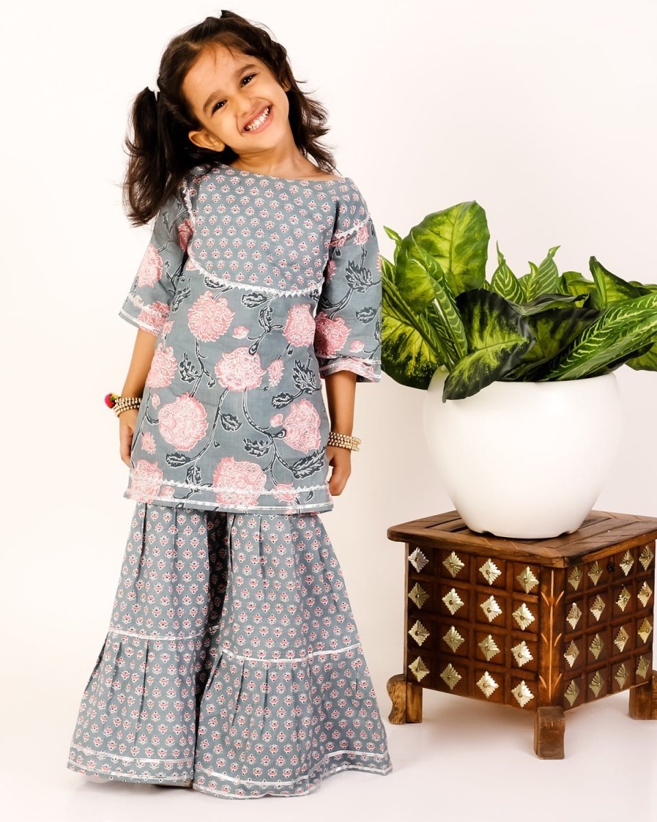 Teal Floral Print Sharara Girls Set - SS-TLFL-0-6