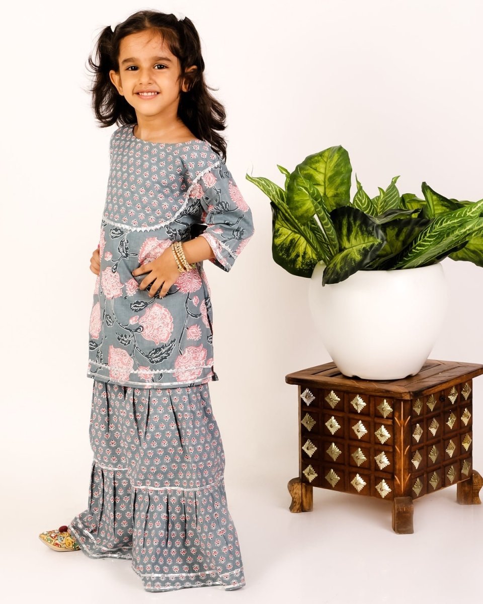 Teal Floral Print Sharara Girls Set - SS-TLFL-0-6