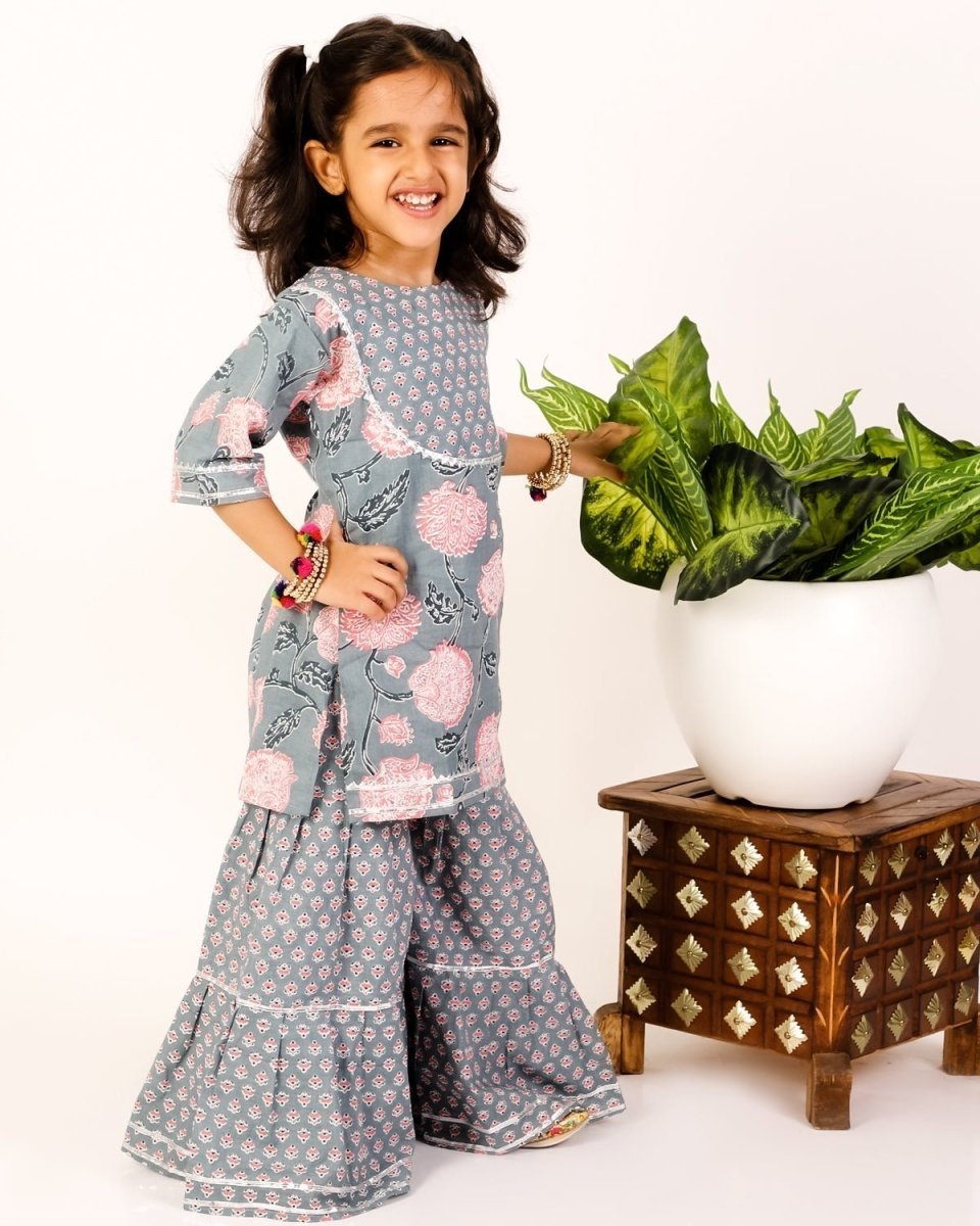 Teal Floral Print Sharara Girls Set - SS-TLFL-0-6