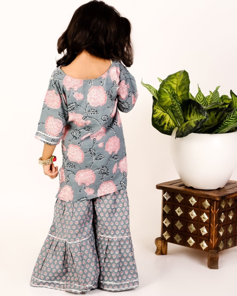 Teal Floral Print Sharara Girls Set - SS-TLFL-0-6