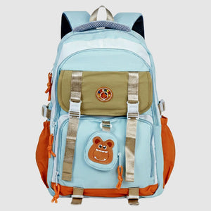 Teal, Orange & Brown Color - Block with Character Pouch School Backpack for Kids - Back To School