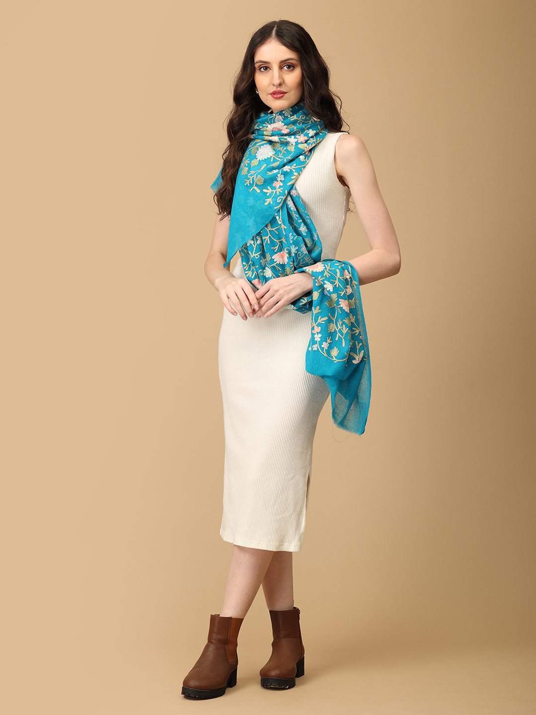 Teal & Petals Fine Wool Embroidered Stoles - WNTSTL - TLAPTL
