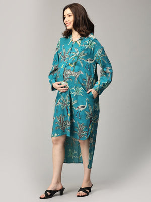 Teal Tropic Safari Maternity and Nursing Oversized Dress - DRS-SF-TLTSF-S