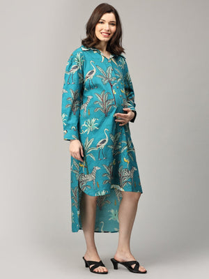 Teal Tropic Safari Maternity and Nursing Oversized Dress - DRS-SF-TLTSF-S