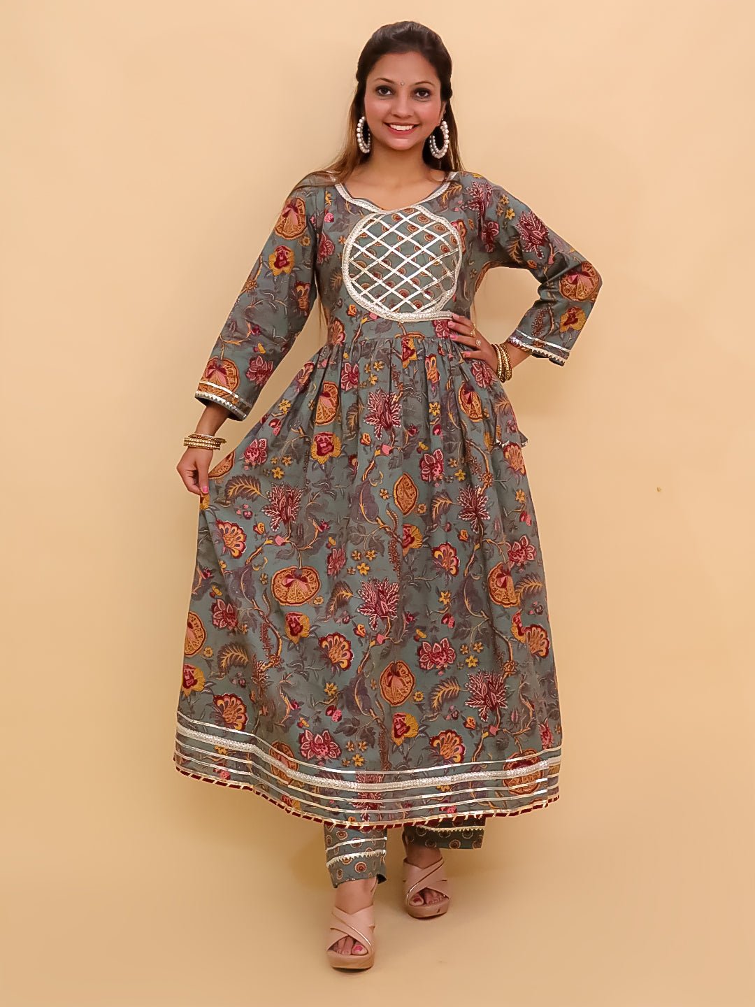 Tealrang Block Print Anarkali Kurta Set - WES - SC - TLRN - S