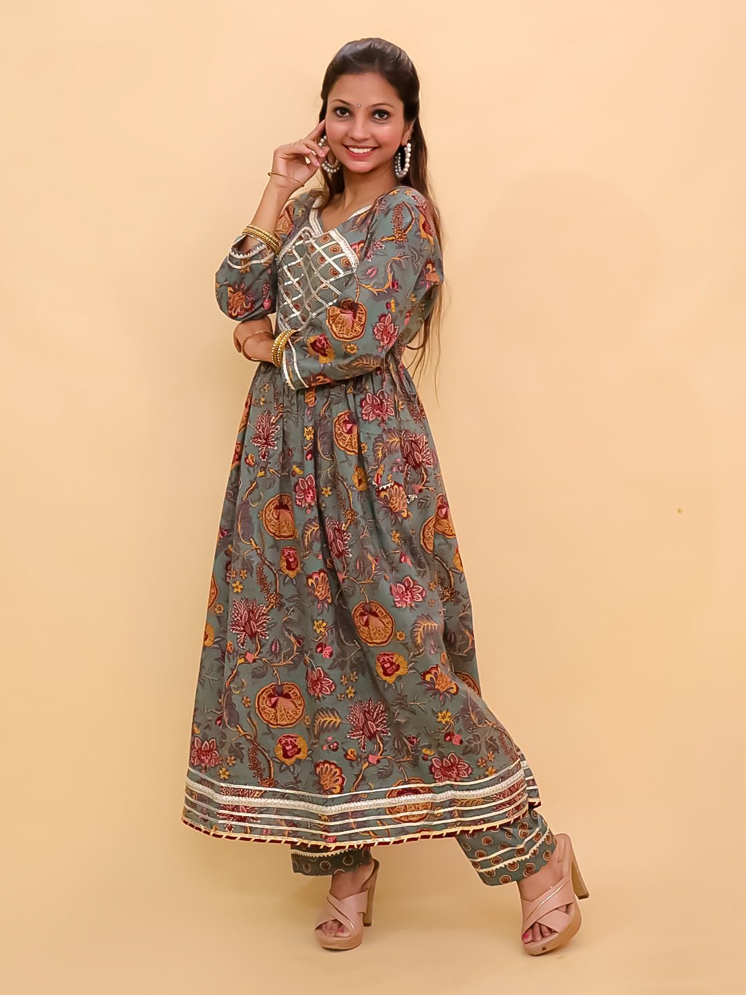Tealrang Block Print Anarkali Kurta Set - WES - SC - TLRN - S