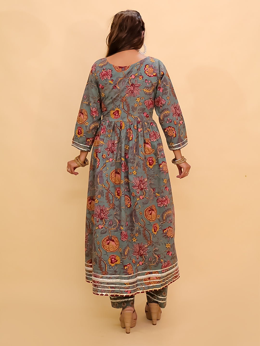 Tealrang Block Print Anarkali Kurta Set - WES - SC - TLRN - S