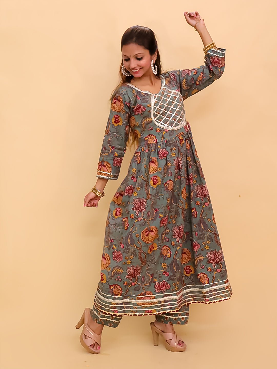 Tealrang Block Print Anarkali Kurta Set - WES - SC - TLRN - S