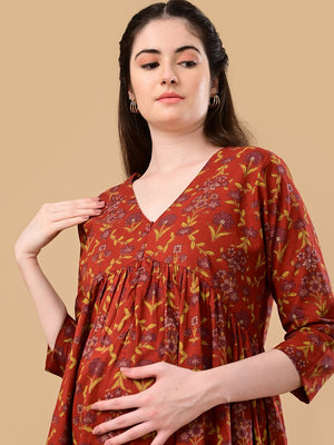Terracotta Garden Maternity And Nursing Dress - S Maternity Casual Dress