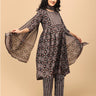 The Ajrakh Edit maternity and nursing kurta set with dupatta displayed as the model spreads the printed dupatta while smiling.