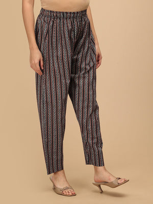 Side view of Ajrakh print maternity straight pants with elasticated waistband.
