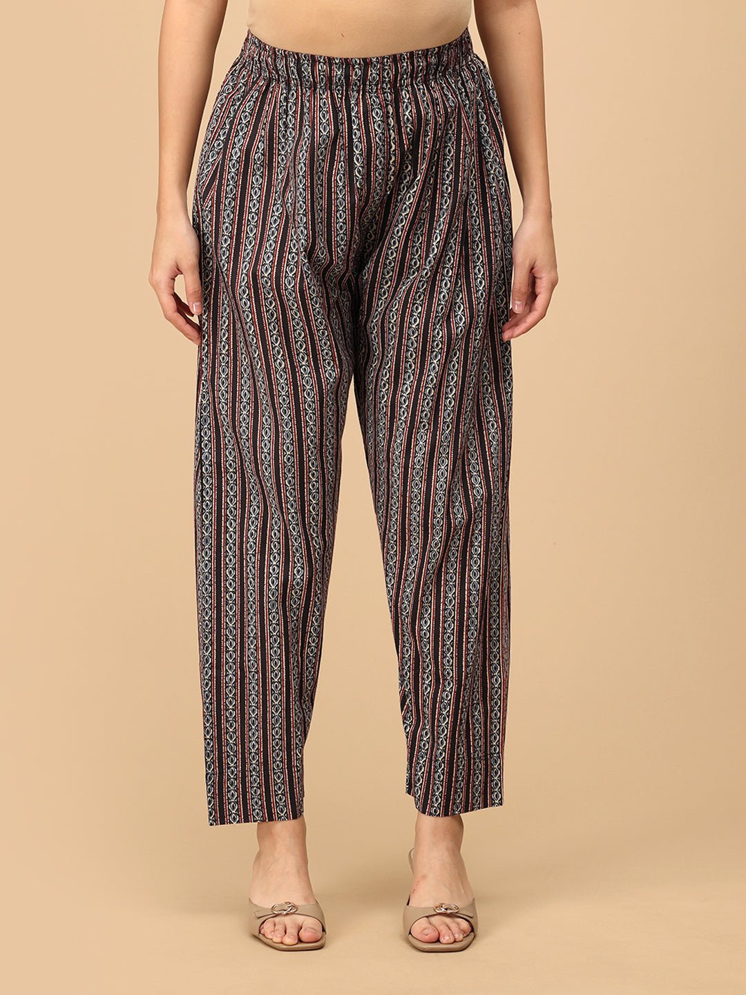 Front view of Ajrakh print maternity straight pants with elasticated waistband.