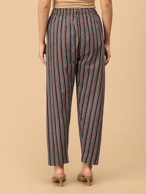 Back view of Ajrakh print maternity straight pants with elasticated waistband.