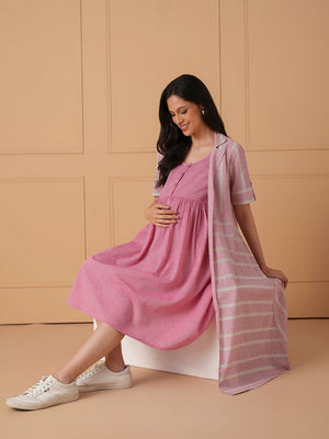 The Parallel Track Maternity and Nursing Shacket Dress - Pink Maternity Casual Dress