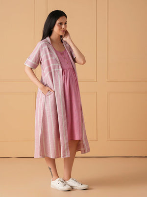 The Parallel Track Maternity and Nursing Shacket Dress - Pink Maternity Casual Dress