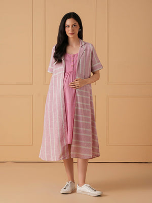 The Parallel Track Maternity and Nursing Shacket Dress - Pink Maternity Casual Dress