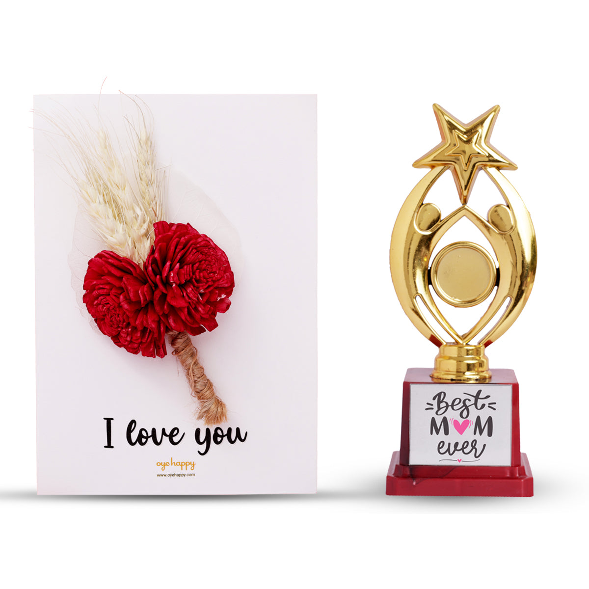Oye Happy Flower Bouquet Card & World's No. 1 Mom Trophy – Mother’s Day Edition