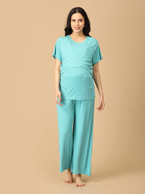 pregnant model wearing Tide Up Together Maternity and Nursing Nightwear Set from the mom store