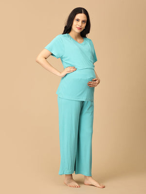 pregnant model wearing Tide Up Together Maternity and Nursing Nightwear Set from the mom store touching her bump