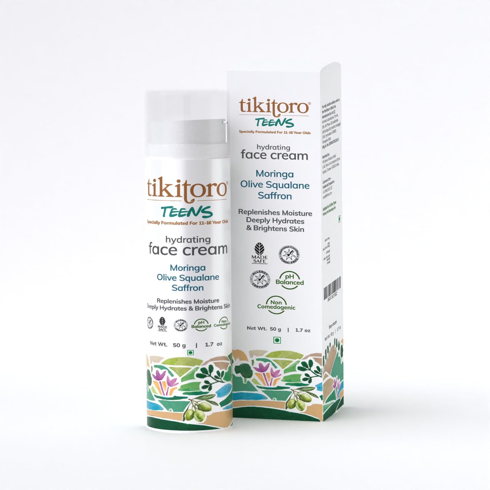 Tikitoro Teens hydrating face cream with Moringa, Olive Squalane, and Saffron in packaging, perfect for teen skin hydration.