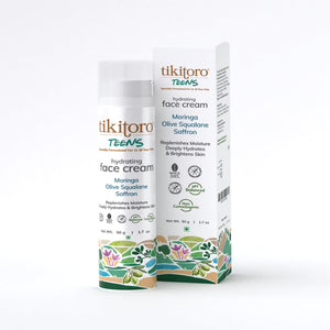 Tikitoro Teens hydrating face cream with Moringa, Olive Squalane, and Saffron in packaging, perfect for teen skin hydration.