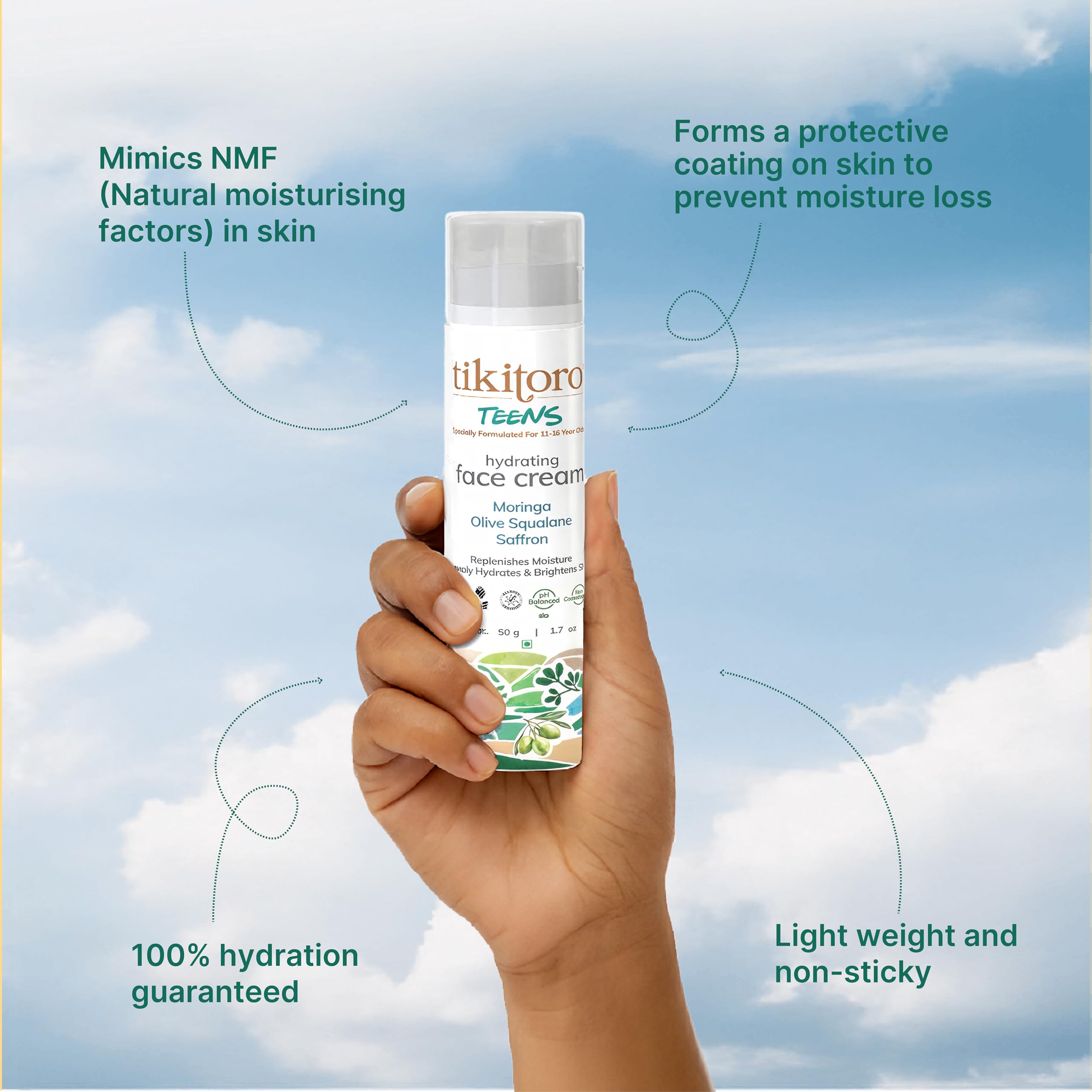 Tikitoro Teens Hydrating Face Cream in hand, showcasing hydration benefits for teen skin with key features highlighted.