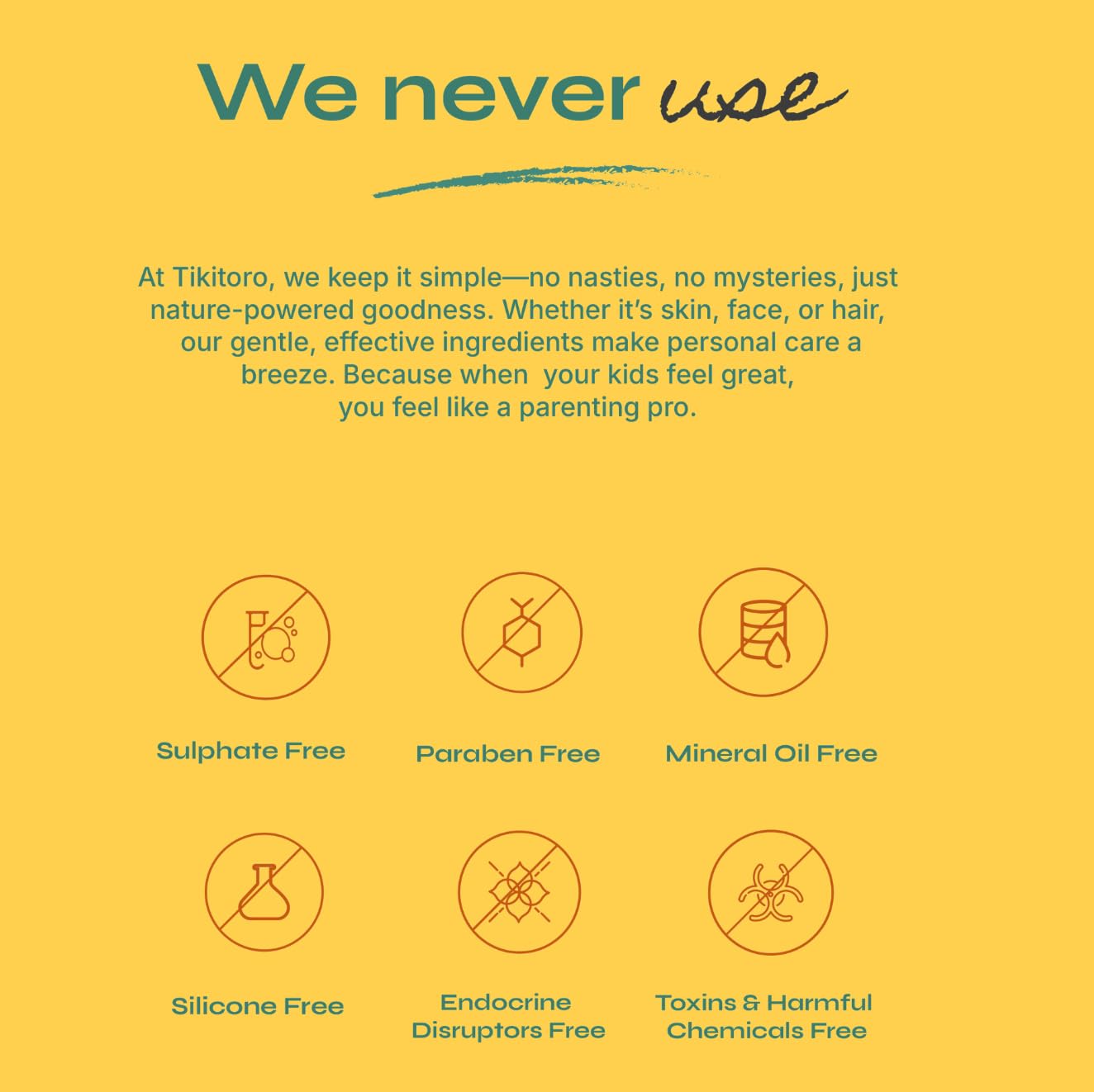 Tikitoro's commitment to safe skincare: free from sulfates, parabens, mineral oil, silicones, endocrine disruptors, and toxins.