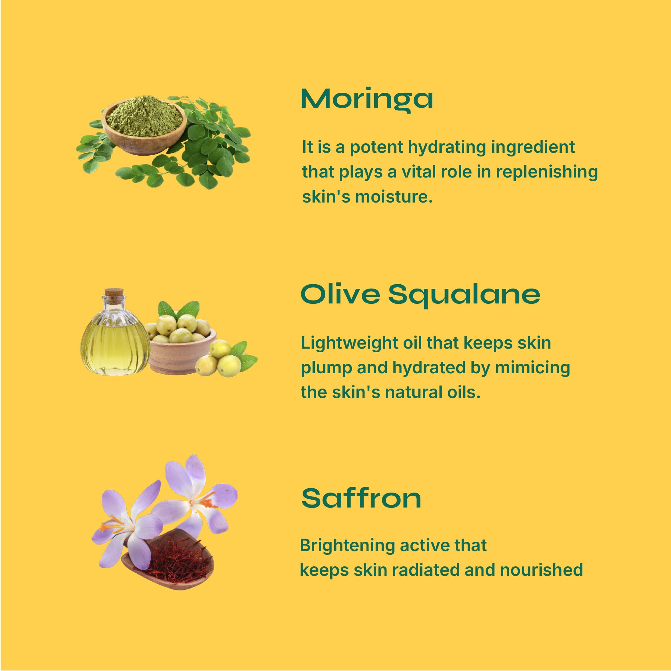 Moringa, Olive Squalane, and Saffron ingredients for hydrating and nourishing skin.