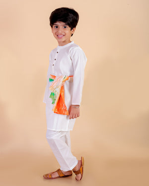 Timeless White Boys Kurta Pajama Set With Tiranga Shawl - 0-6 Months Boys Ethnic Set