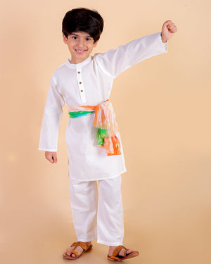 Timeless White Boys Kurta Pajama Set With Tiranga Shawl - 0-6 Months Boys Ethnic Set