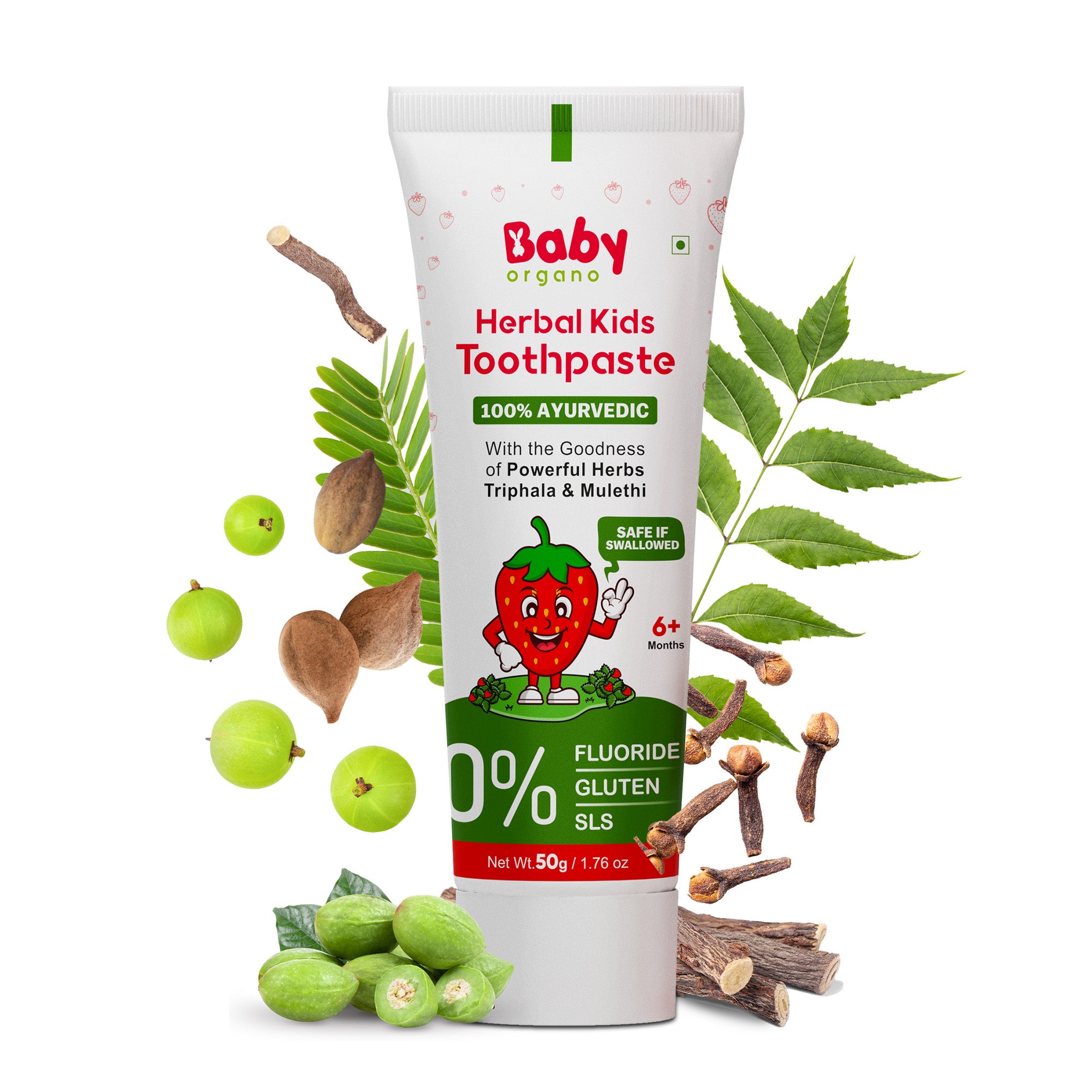 Baby Organo Herbal Kids Toothpaste (1-2 Years) Strawberry Flavor 50gm | Fluoride, SLS Free