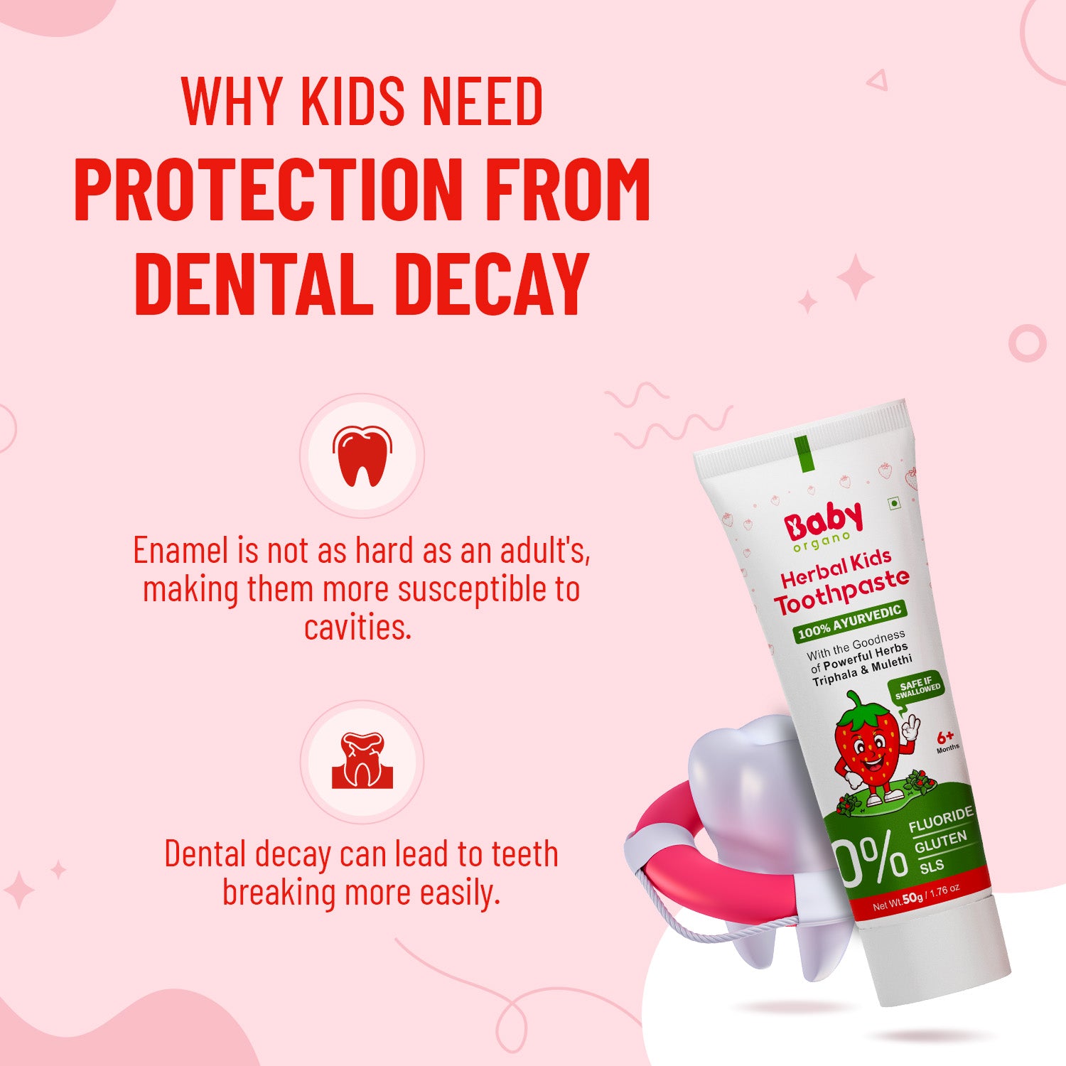 Baby Organo Herbal Kids Toothpaste (1-2 Years) Strawberry Flavor 50gm | Fluoride, SLS Free