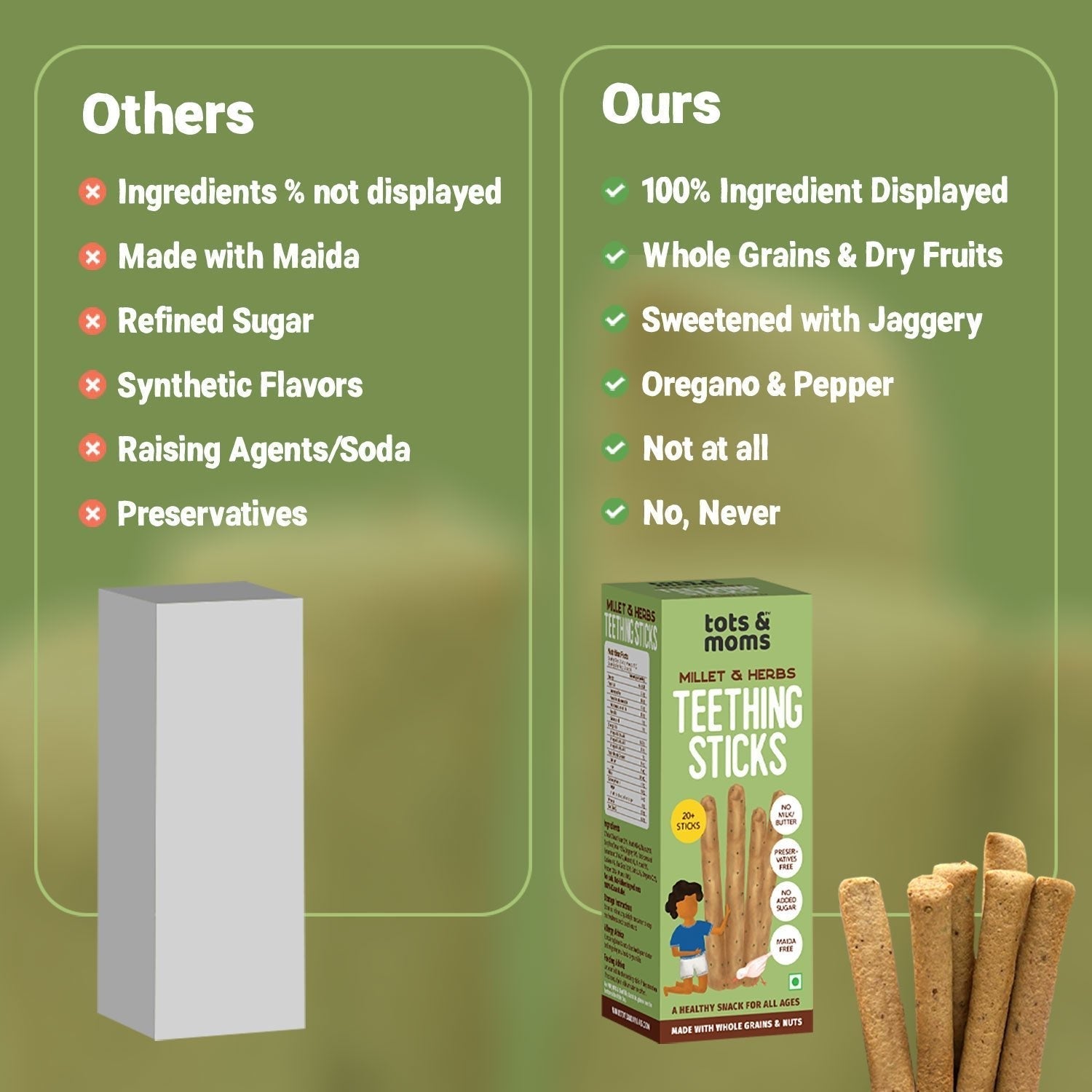 Tots and Moms Millet and Herbs Teething Sticks made with Jaggery for Babies, 12Months+, 150g - TS03