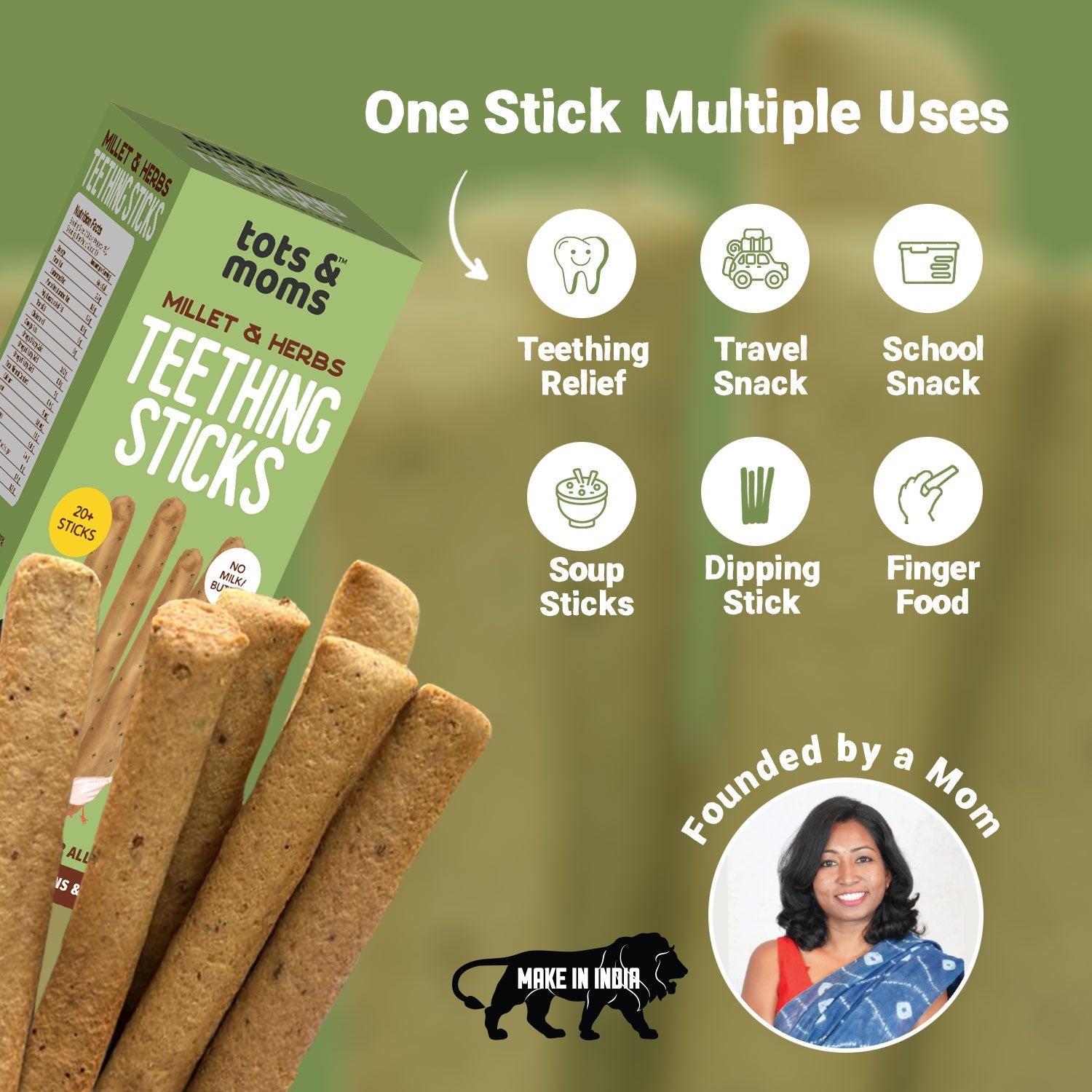 Tots and Moms Millet and Herbs Teething Sticks made with Jaggery for Babies, 12Months+, 150g - TS03 - Pack of 2