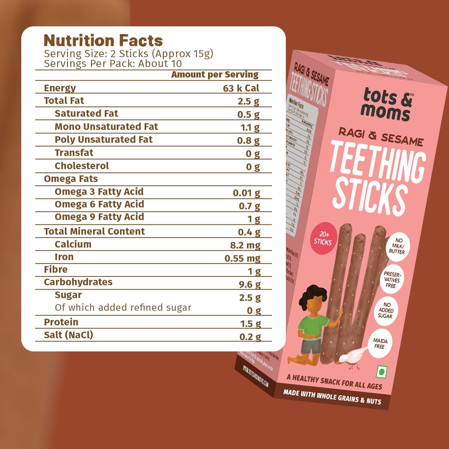 Tots and Moms Ragi, Banana, Sesame Teething Sticks made with Jaggery for Babies, 12Months+, Pack of 2 - 150g each - TS02 - Pack of 2