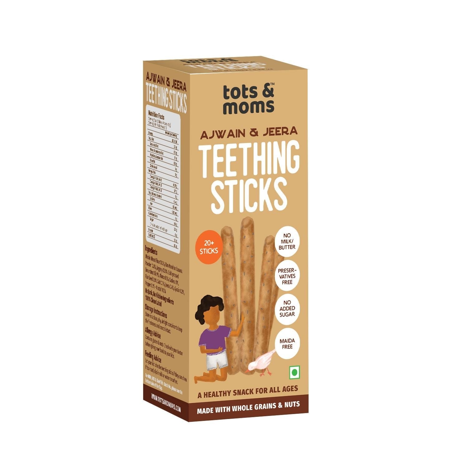 Tots and Moms Whole Wheat, Ajwain & Jeera Teething Sticks made with Jaggery for Babies, 12Months+, 150g - TS01