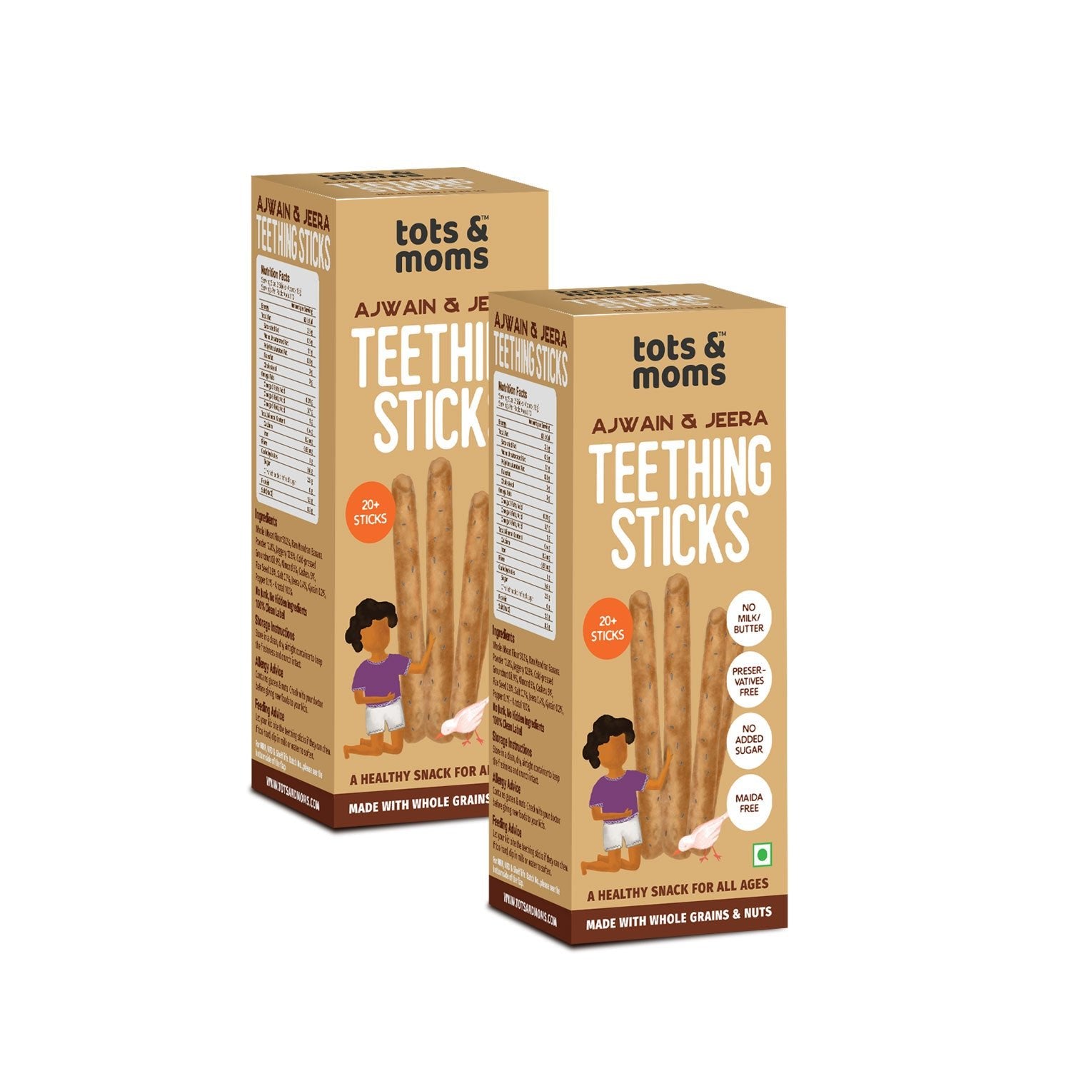 Tots and Moms Whole Wheat, Ajwain & Jeera Teething Sticks made with Jaggery for Babies, 12Months+, Pack of 2 - 150g each - TS01 - Pack of 2