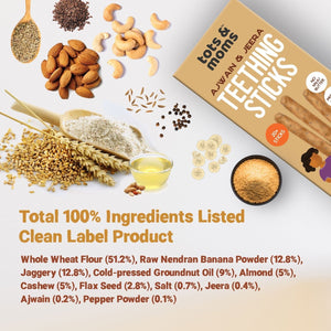 Tots and Moms Whole Wheat, Ajwain & Jeera Teething Sticks made with Jaggery for Babies, 12Months+, Pack of 2 - 150g each - TS01 - Pack of 2