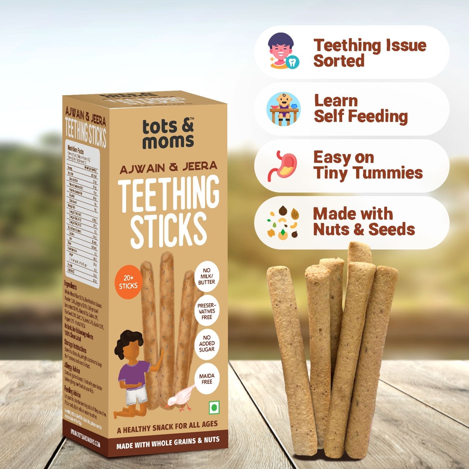 Tots and Moms Whole Wheat, Ajwain & Jeera Teething Sticks made with Jaggery for Babies, 12Months+, Pack of 2 - 150g each - TS01 - Pack of 2