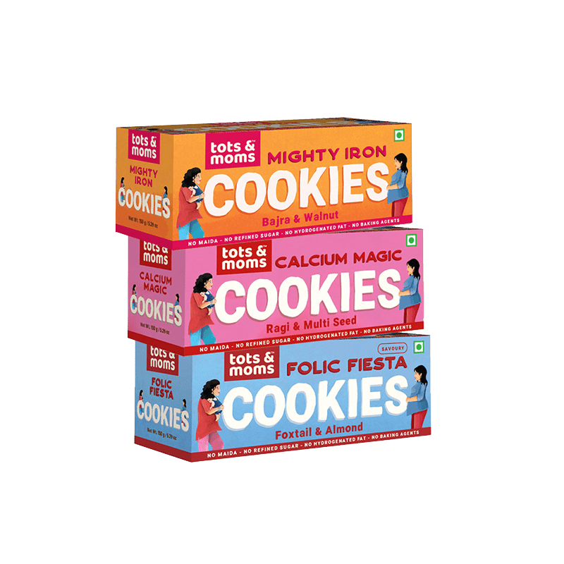 Tots & Moms Cookies | Mighty Iron | Folic Fiesta | Calcium Magic | Pack of 3 - 150g each - WP345