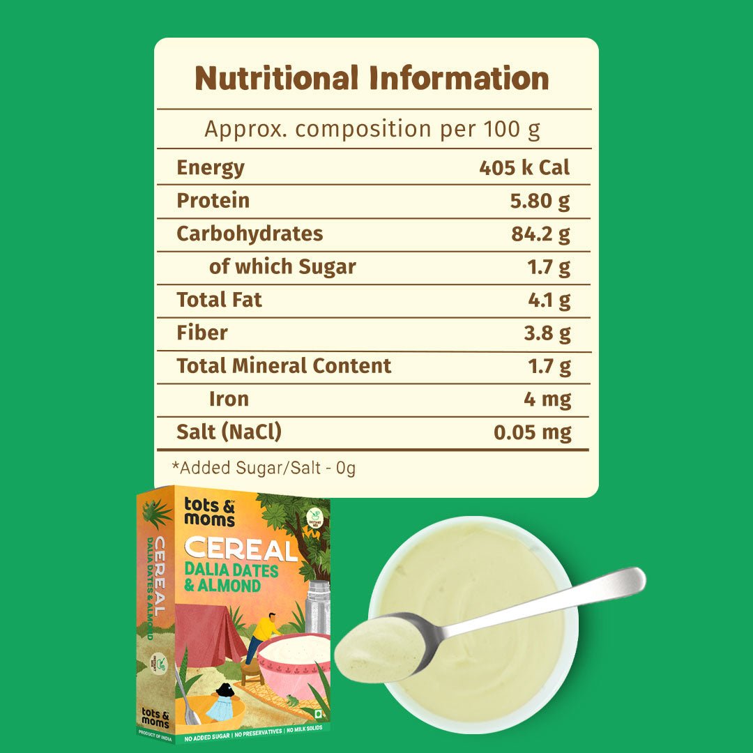 Tots & Moms Iron & Protein Rich Instant Dalia Dates & Almonds Baby Cereal - IN11
