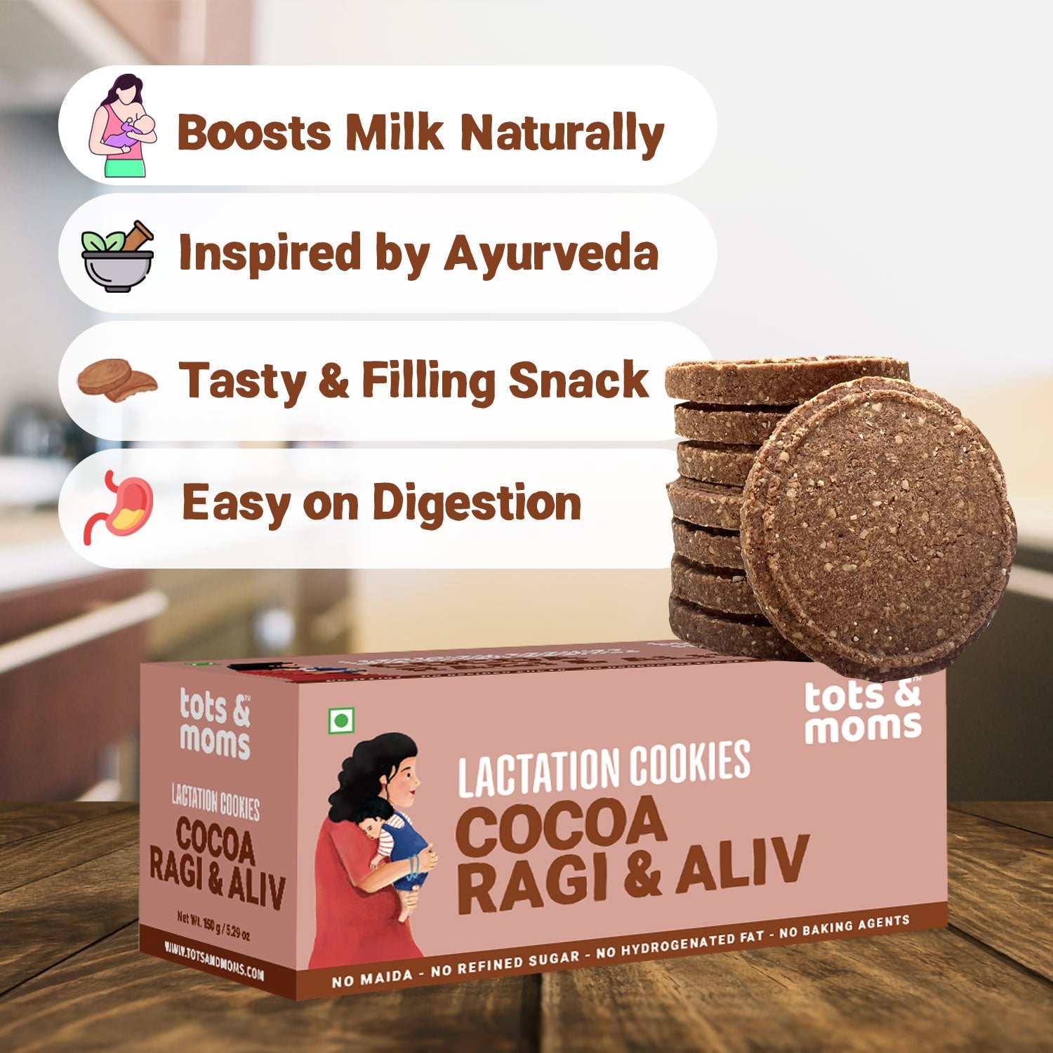 Tots & Moms Lactation Cookies – Cocoa Ragi & Aliv | Boosts Lactation, Immunity & Postpartum Recovery | Rich in antioxidants | No Refined Sugar or Preservatives | Pack of 2 - 150g each - WP08 - Pack of 2