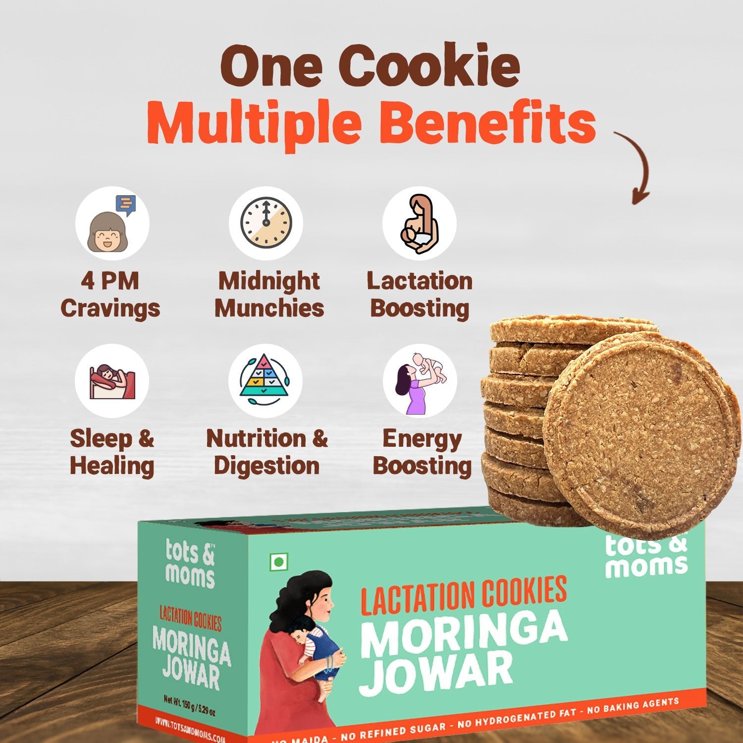 Tots & Moms Lactation Cookies – Moringa & Jowar | Boosts Lactation, Immunity & Postpartum Recovery | High - Fiber, Nutrient - Rich | No Refined Sugar or Preservatives | Pack of 2 - 150g each - WP07 - Pack of 2