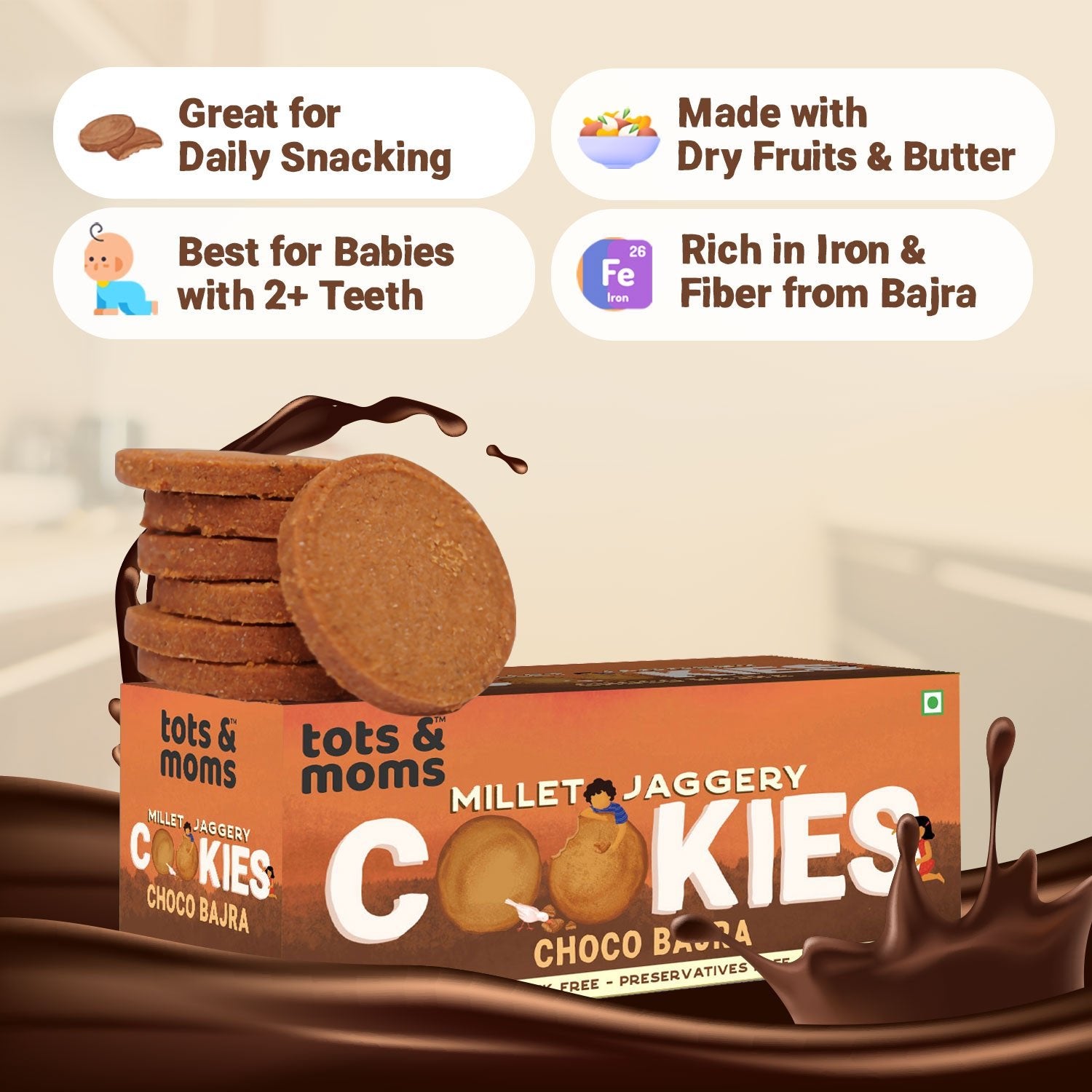 Tots & Moms Millet & Jaggery Cookies - Choco Bajra | 150g - HS08