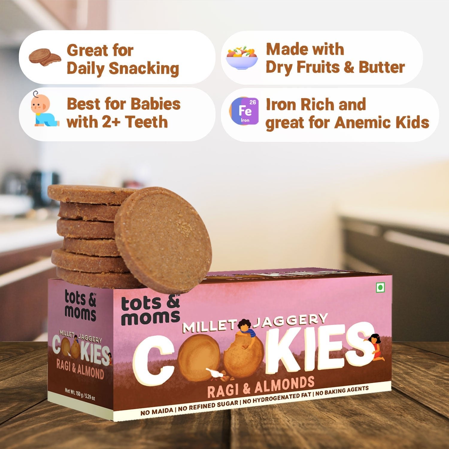 Tots & Moms Millet & Jaggery Cookies - Ragi & Almonds | 150g - HS05
