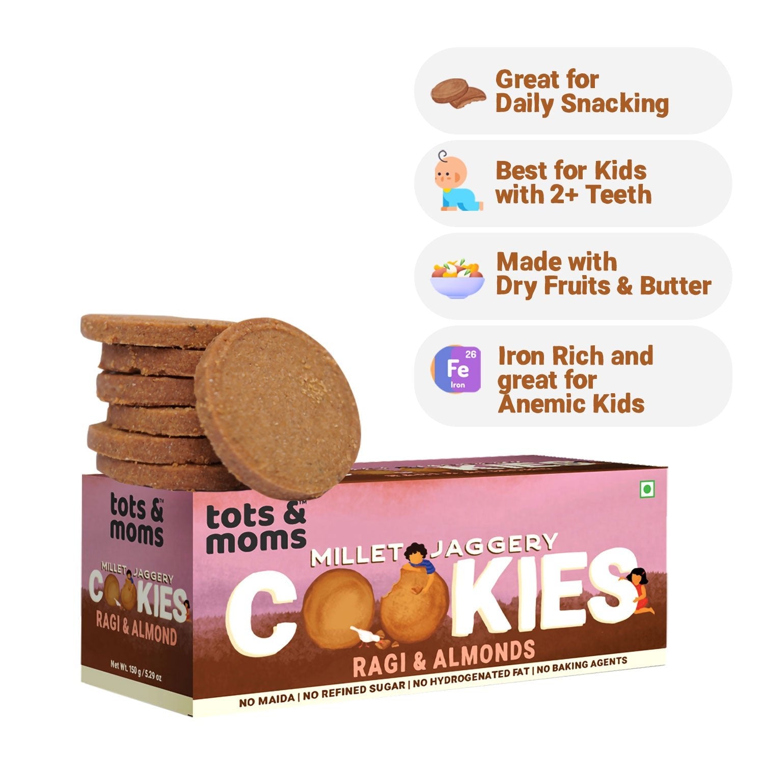 Tots & Moms Millet & Jaggery Cookies - Ragi & Almonds | 150g - HS05
