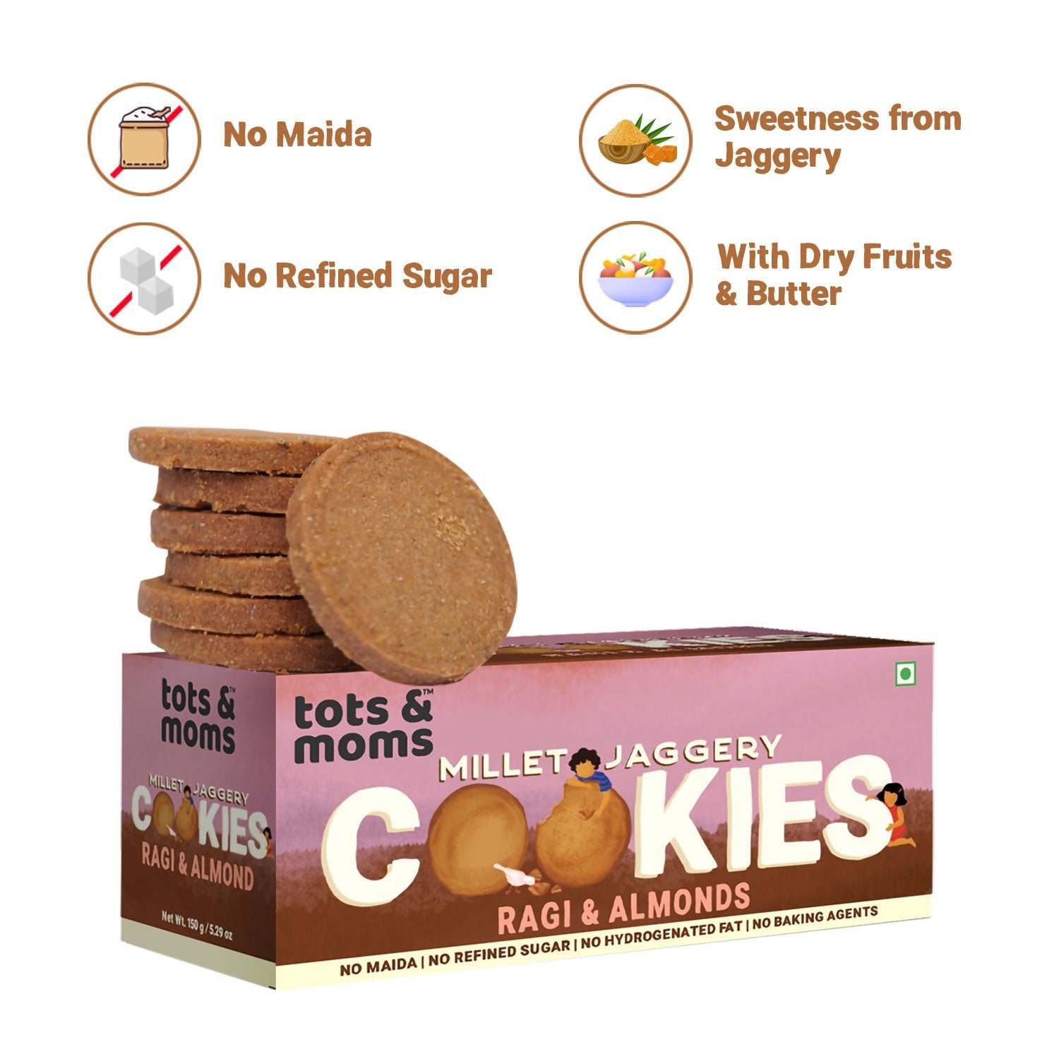 Tots & Moms Millet & Jaggery Cookies - Ragi & Almonds | 150g - HS05