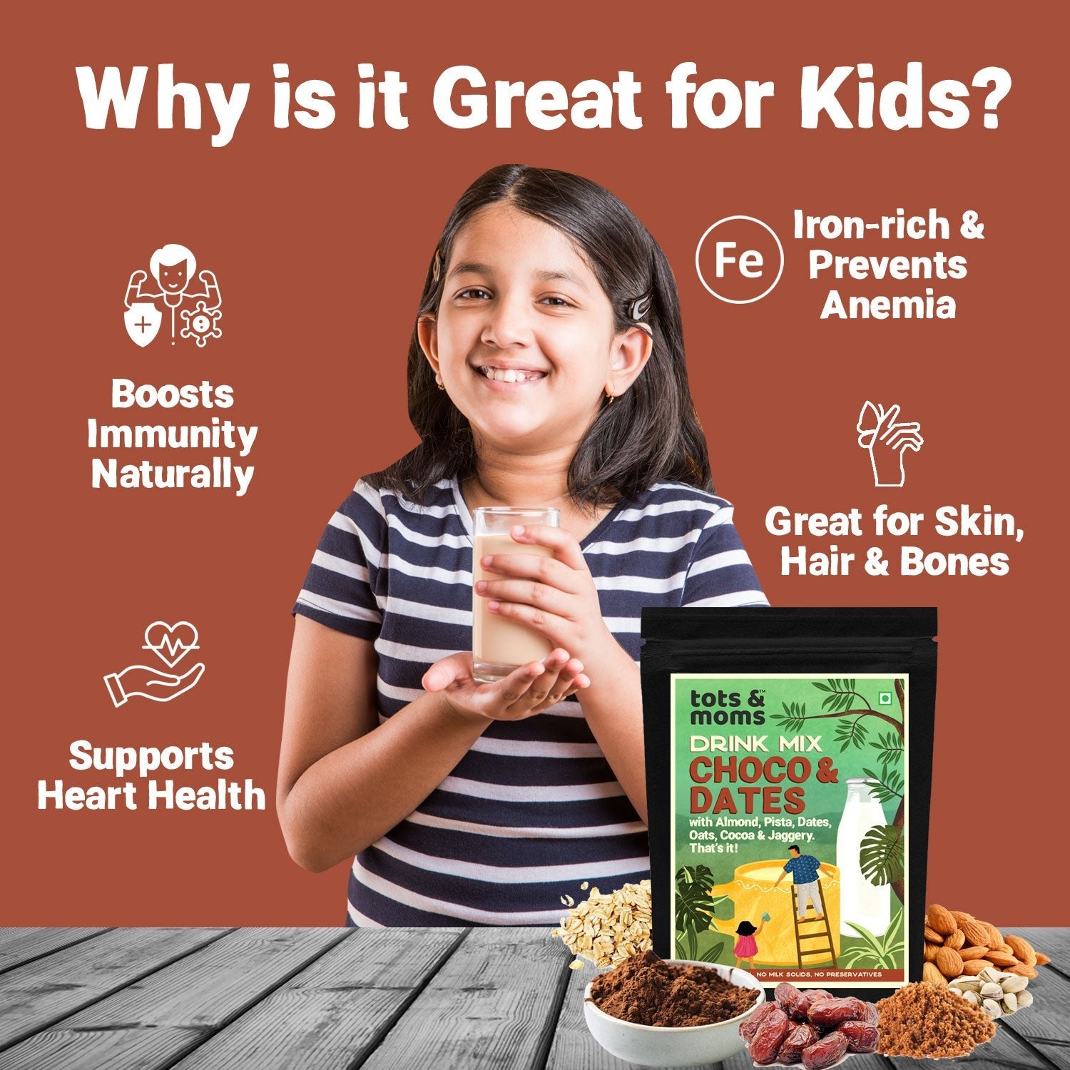Tots & Moms No Sugar Iron Rich Choco Dates Drink Mix with Jaggery 200g - Baby Food