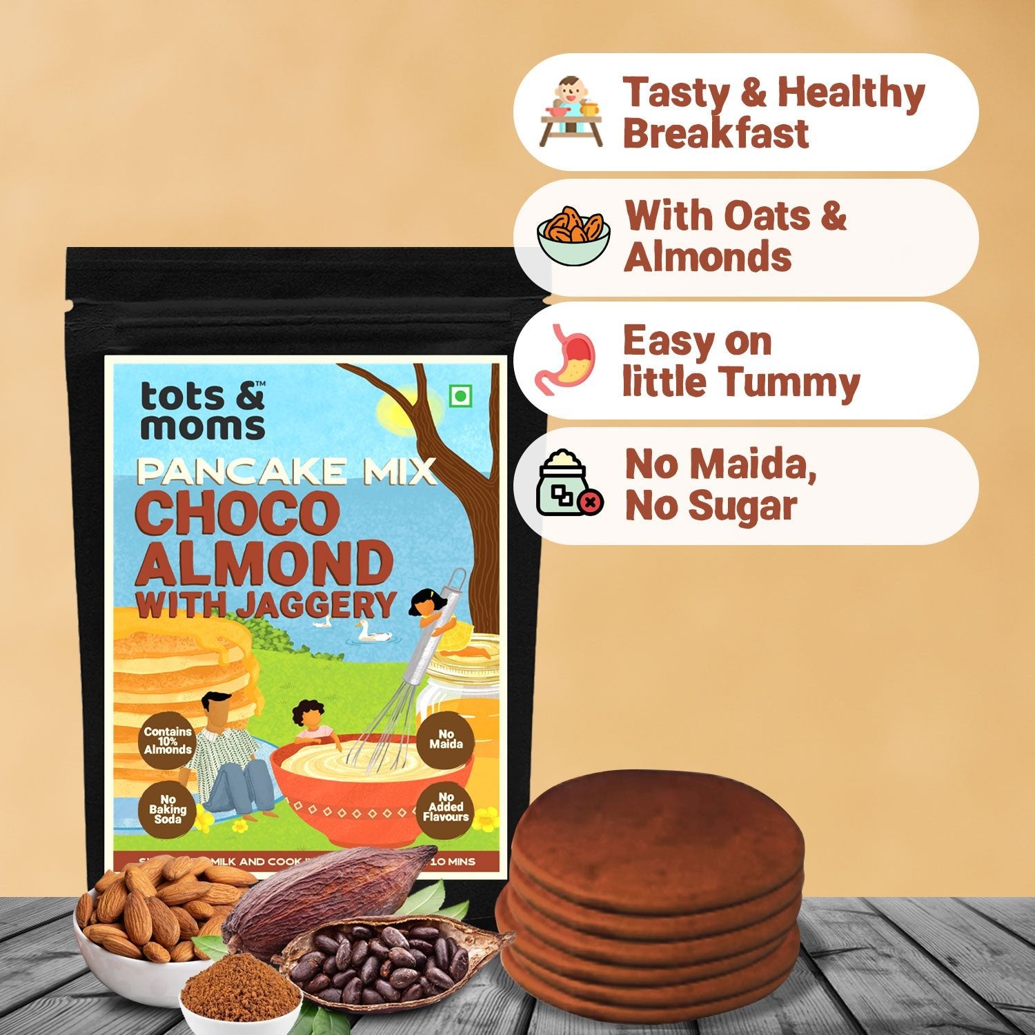Tots & Moms NO Sugar NO Maida Pancake Mix - Choco Almond 250g - HS01
